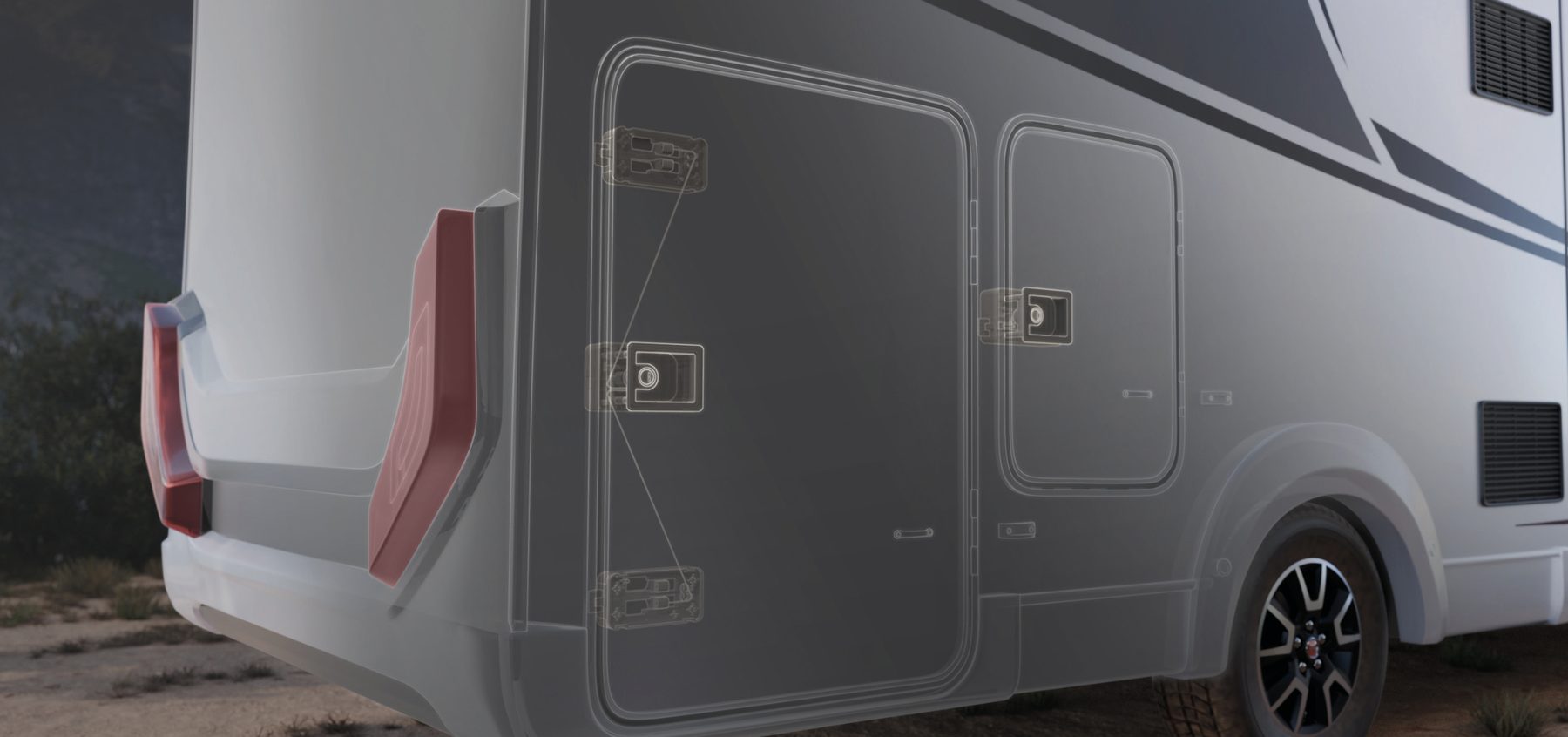 Motorhome with transparent storage hatches showing STS CubeLine locks